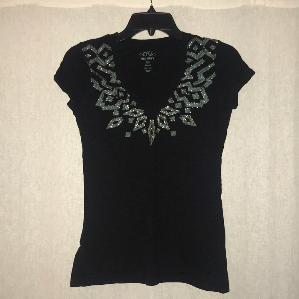 Black v-neck T-shirt with embellished neckline